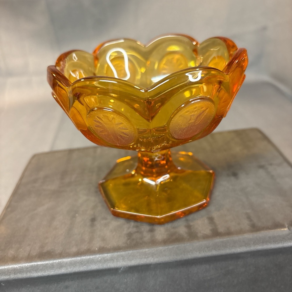 Vintage Fostoria amber coin glass jelly compote, candy or trinket dish 4” x 4”